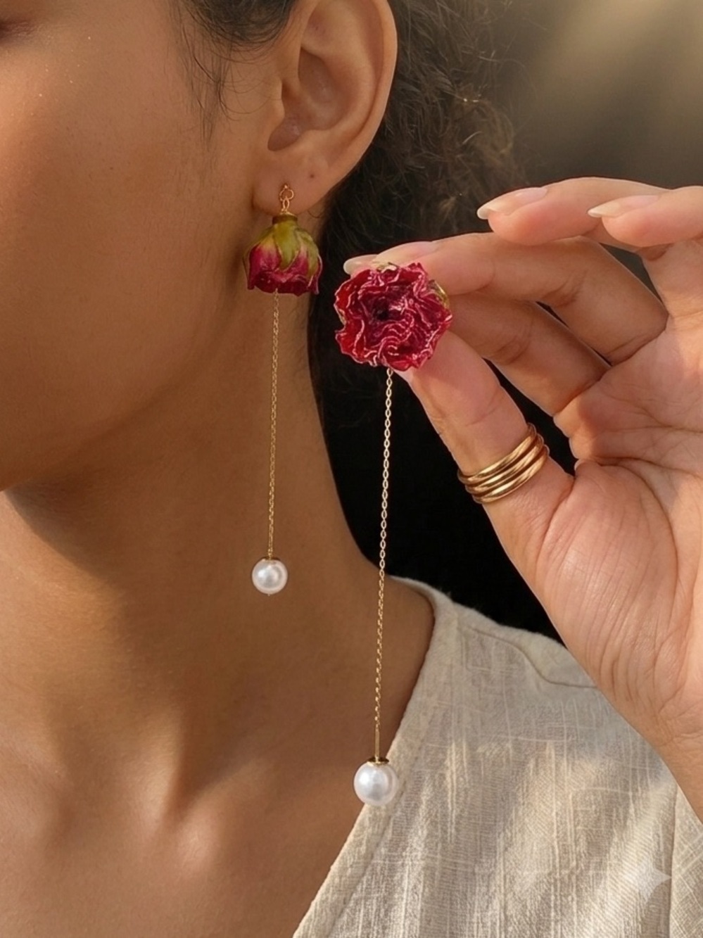 ✨Artisan Red Rose & Pearl Drop Earrings | Romantic Botanical Jewelry